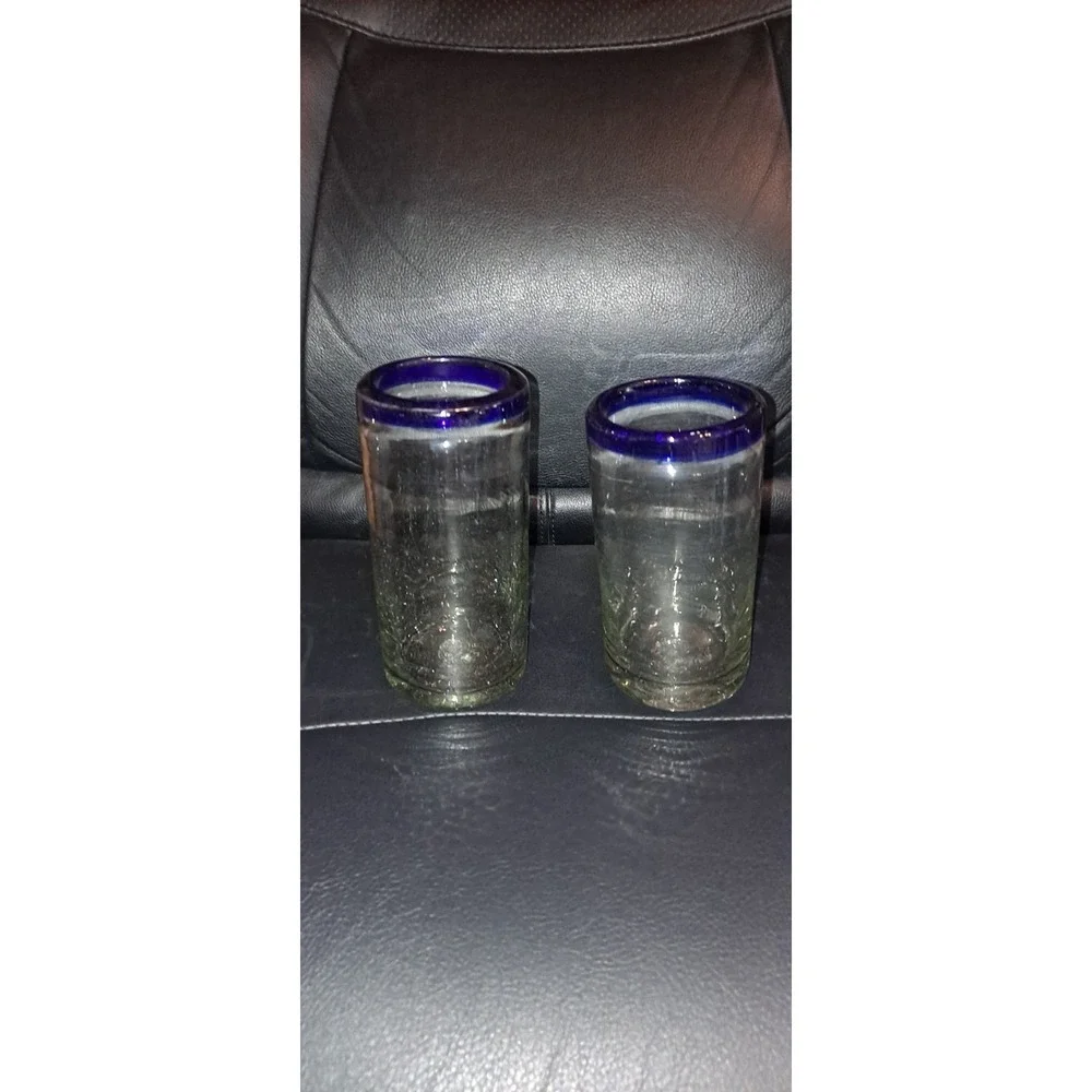 2 Hand‎ Blown Mexican Blue Rim Glasses